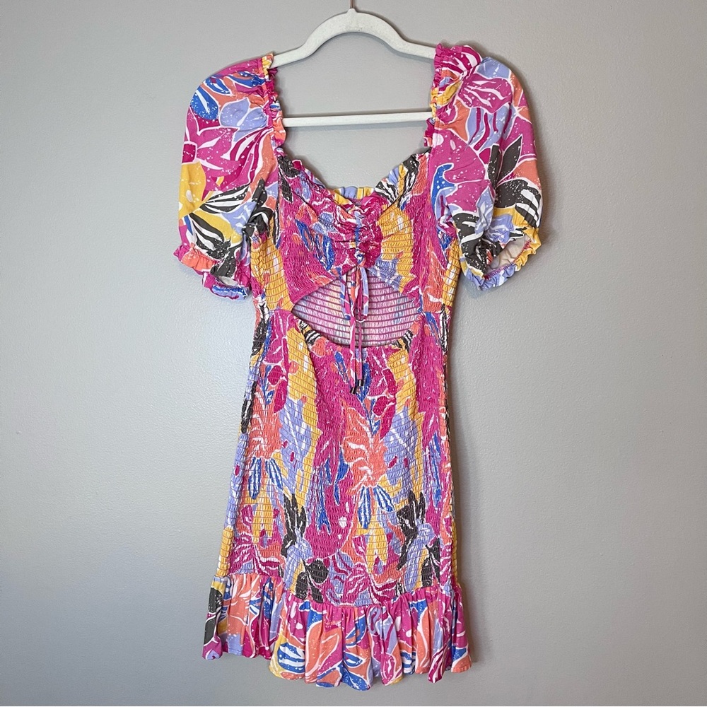 Maaji NEW Clarissa Reversible Smocked Puff Sleeve Ruffle Mini Dress Pink Floral - Picture 2 of 9